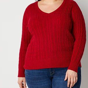 St. John's Bay V Neck Long Sleeve Cable Knit Pullover Sweater -1X Rumba Red